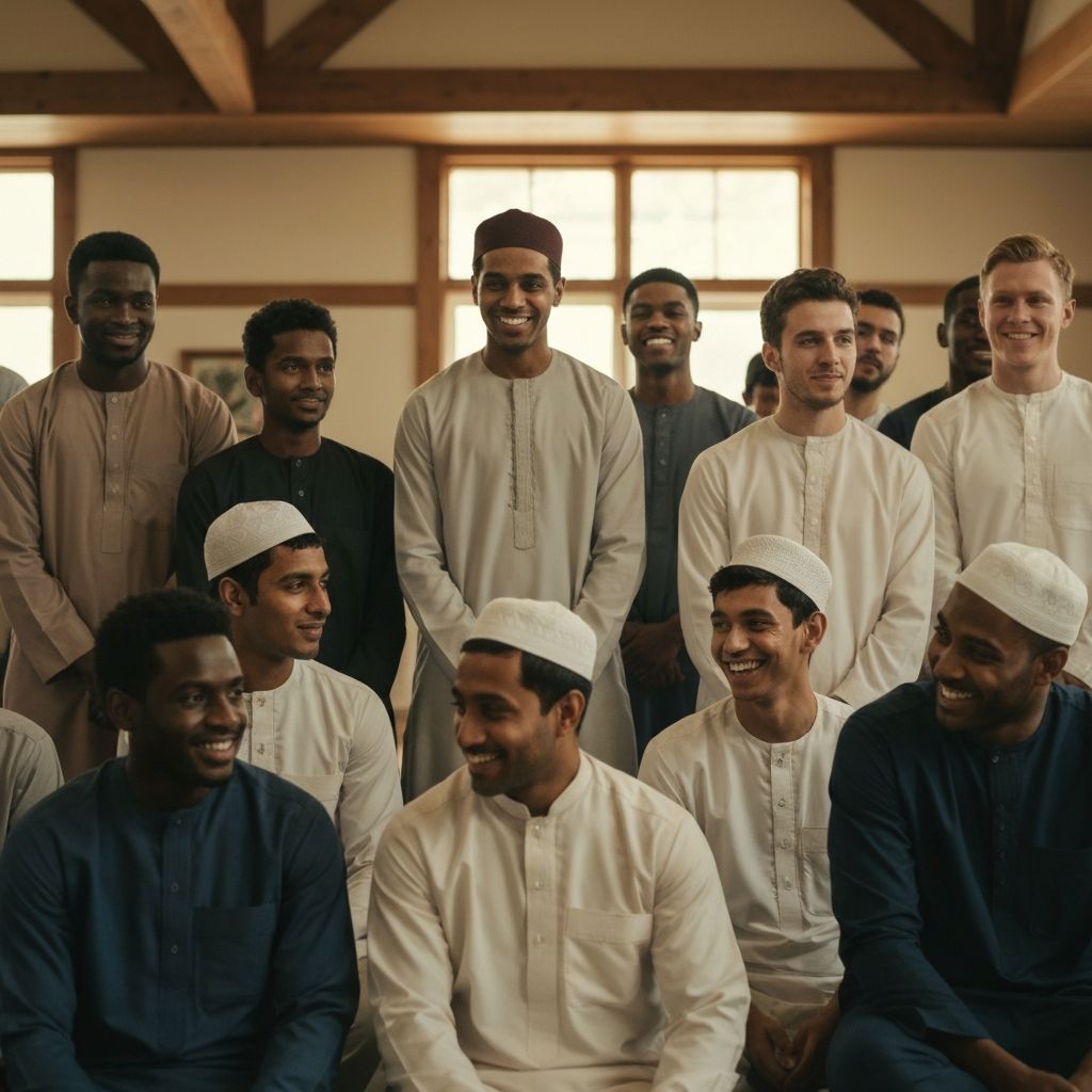 Diverse group of men gathered in brotherhood at the masjid community hall
